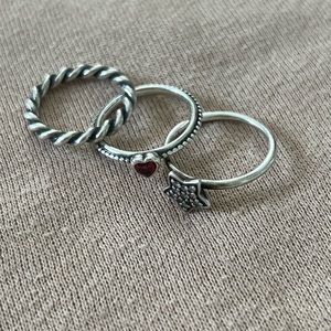 Pandora three stacking rings, twist, star, heart, sterling silver